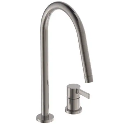 Küchenarmatur aus Edelstahl mit hohem, gebogenem Auslauf und separatem Bedienhebel. Ideal Standard-Design für moderne Küchen.